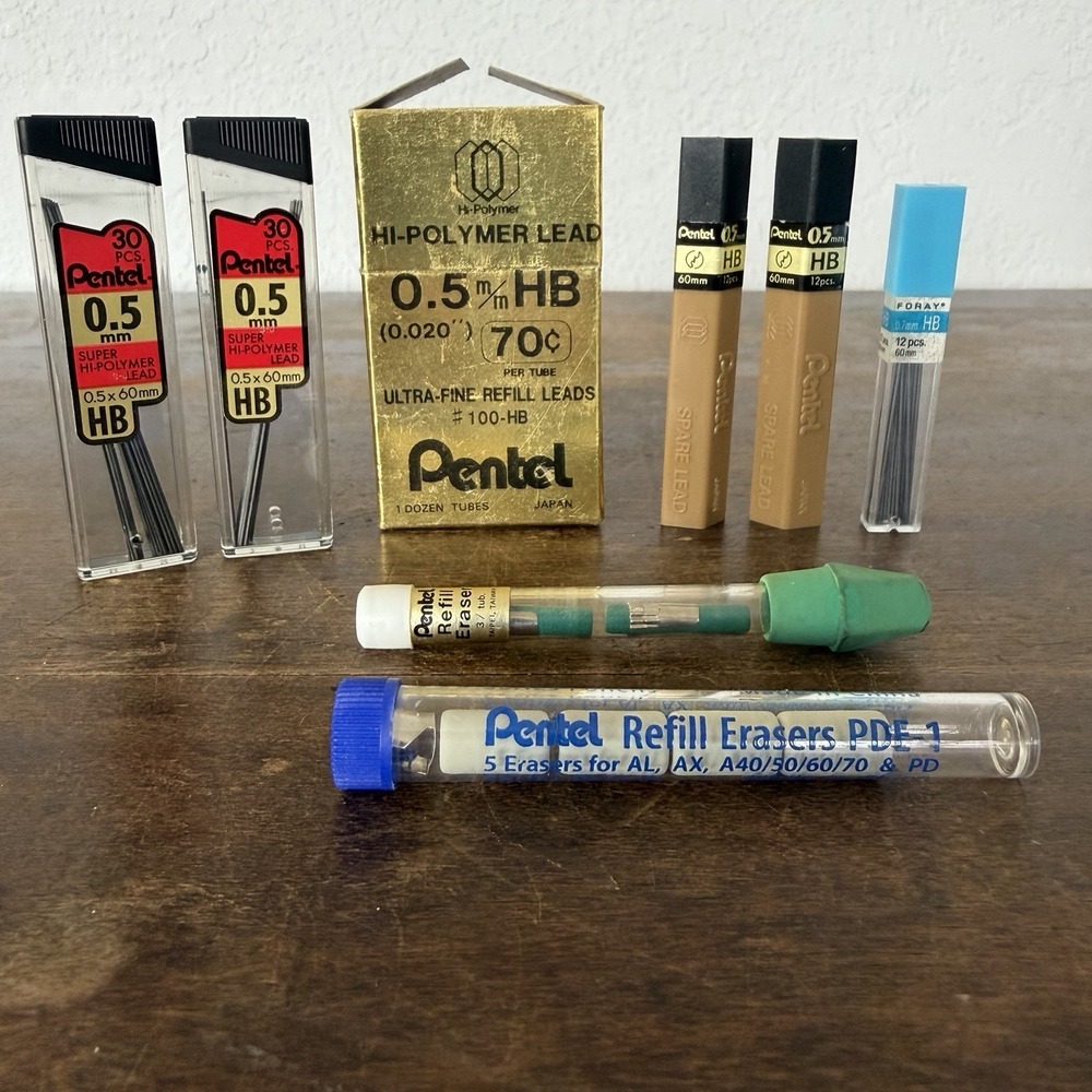 Vintage Lot Pentel Pencil High Polymer‎ 0.5mm 60mm Lead Refills Erasers PDE-1